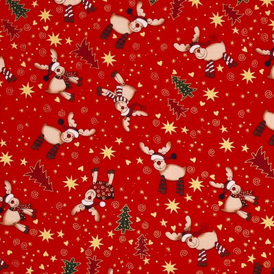 Cute , smiling reindeer wearing colourful scarves and santa hats and metallic stars and hearts are printed on this red, cotton fabric by Rose & Hubble.