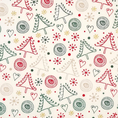 Swirly red and green chrismas trees printed on an ivory cotton fabric