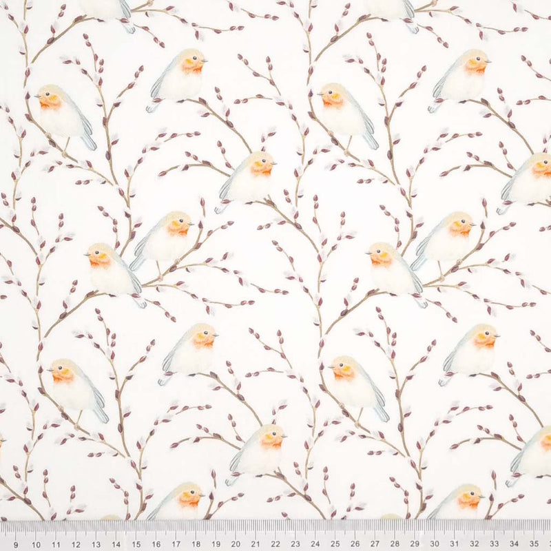 Beautiful robins perched on tree branches are printed on a quality white 100% cotton fabric with a cm ruler at the bottom