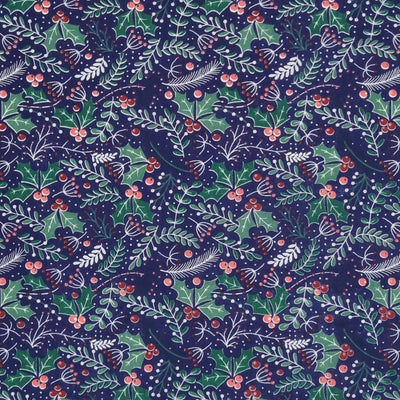 holly leaves and berries are surrounded by festive leaves and are printed on a navy polycotton fabric