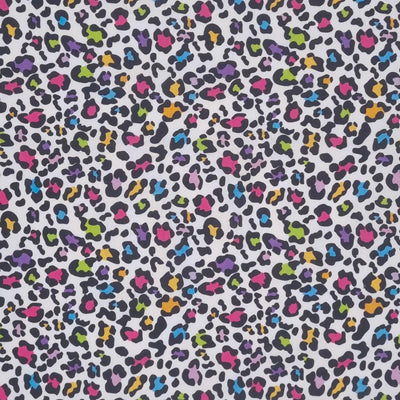 A funky leopard print with pinks, oranges, blues and greens digitally printed on a quality white 100% cotton fabric.