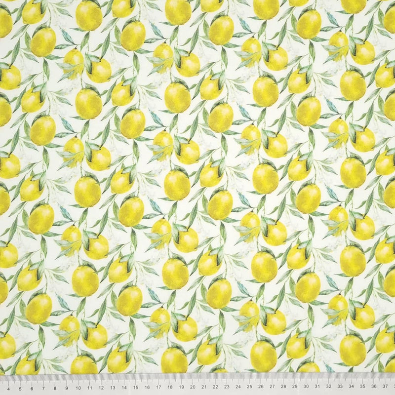 uicy lemons and leaves printed on a quality 100% cotton fabric with a cm ruler at the bottom