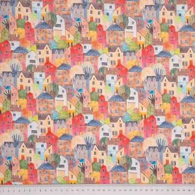 Colourful townhouses printed on a quality 100% cotton fabric by Little Johnny with a cm ruler at the bottom
