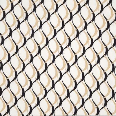 A classic sand and black coloured wave design on a white, 100% viscose challis fabric.