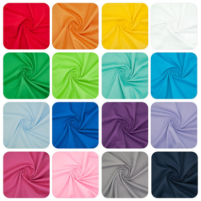 A grid of sixteen plain solid coloured cotton poplin fabrics, each swirled to demonstate drape