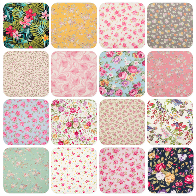 Sixteen floral cotton prints in a grid featuring tropical flowers, delicate flowers on yellow and many other floral prints