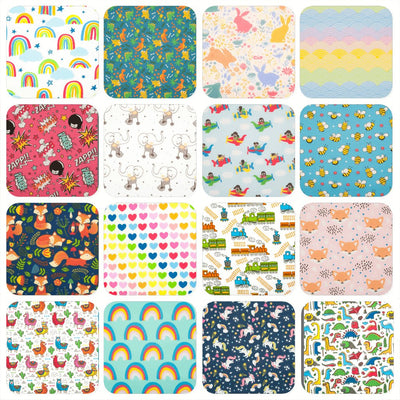 Sixteen children's prints featuring various designs such as rainbows, dinosaurs and unicorns in various colours