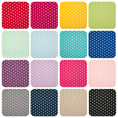 Grid of fabrics of sixteen colours printed with 10mm white stars