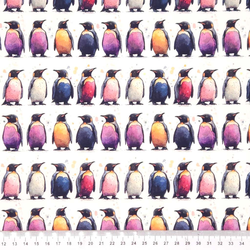 Pattern of gradient penguins on a white cotton poplin fabric