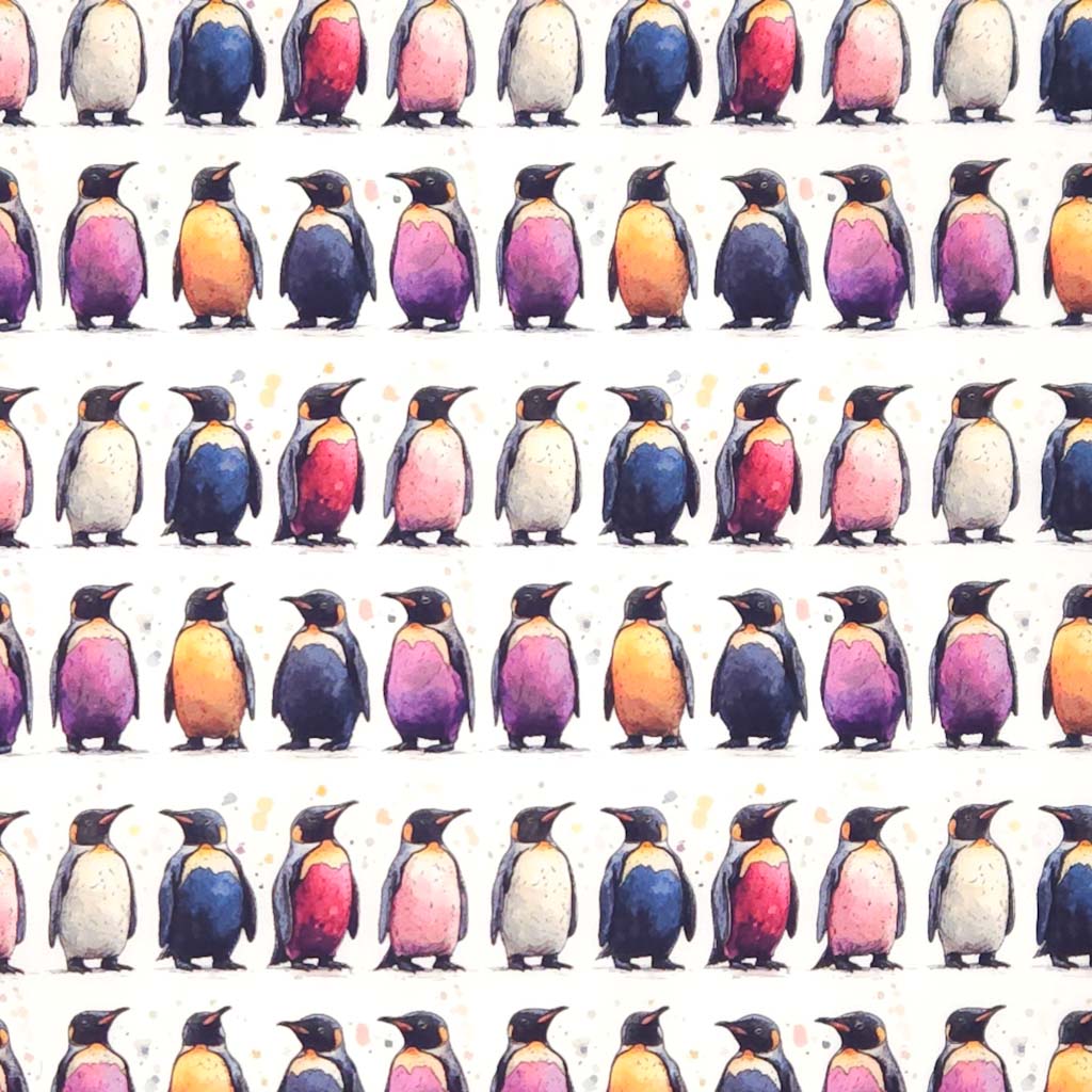 Pattern of colorful penguins on a white cotton poplin fabric