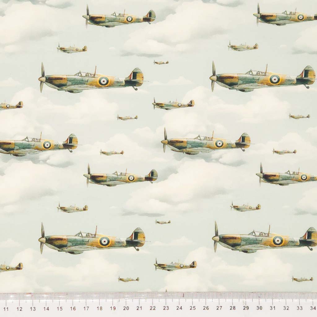 Pattern of vintage airplanes on a cloudy sky cotton poplin fabric
