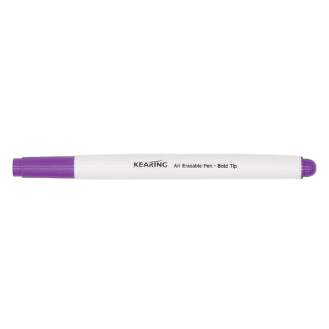 A KEAING Air Erasable Pen with a bold tip, featuring a white barrel and purple cap and end cap, shown horizontally on a plain white background.