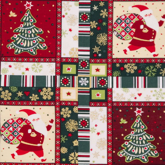 A square Christmas-themed fabric or wallpaper pattern made of patchwork-style panels with Santa Claus, Christmas trees, snowflakes, stripes, stars, and red borders.