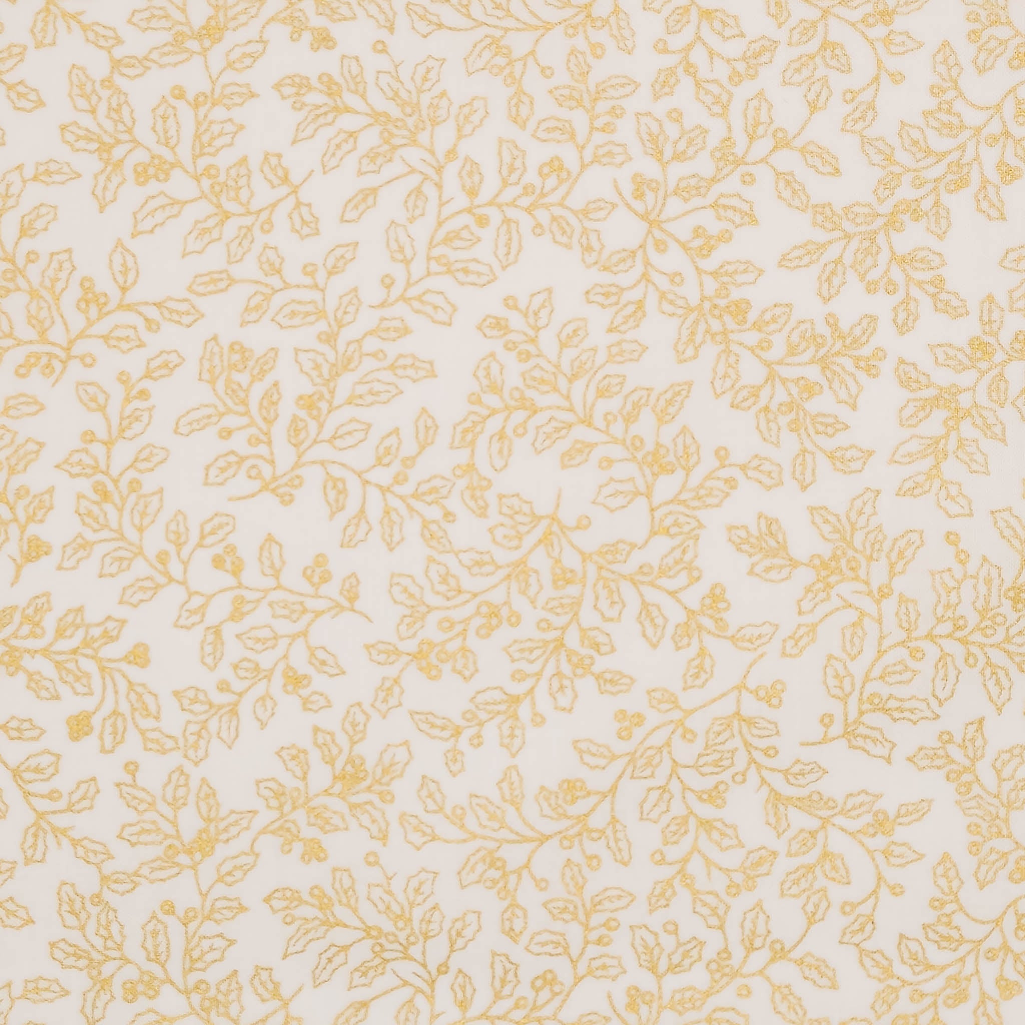 A close-up of a repeating botanical pattern featuring delicate yellow leafy vines on a warm off-white cotton fabric.