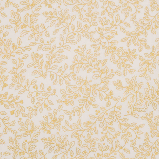 A close-up of a repeating botanical pattern featuring delicate yellow leafy vines on a warm off-white cotton fabric.