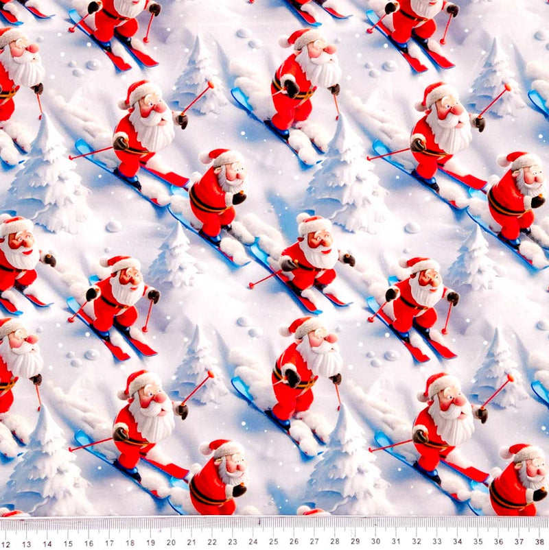 3D Skiing Santa by Little Johnny - Christmas Cotton Fabric