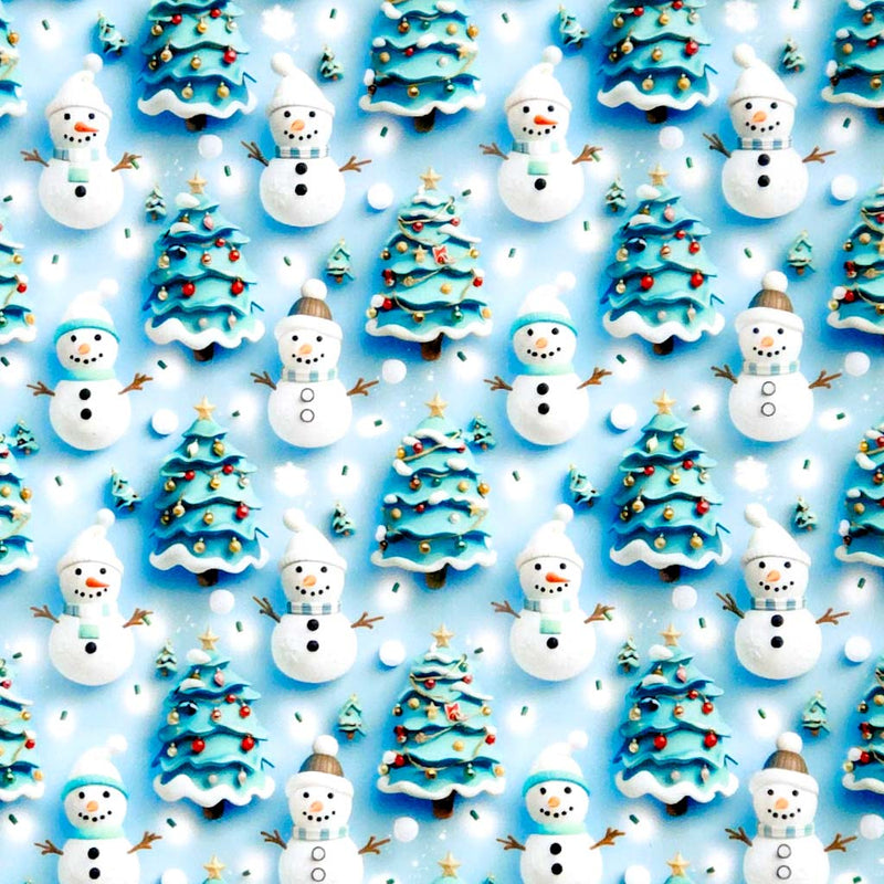 Pattern of snowmen and Christmas trees on a blue polycotton fabric.