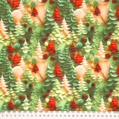 3D christmas trees printed on a woven cotton fabric by Little Johnny with a cm ruler