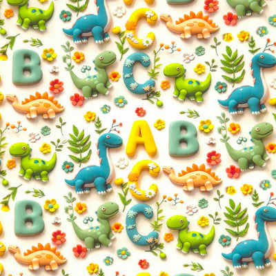 3D dinosaurs and letters printed on a white cotton fabric by Little Johnny