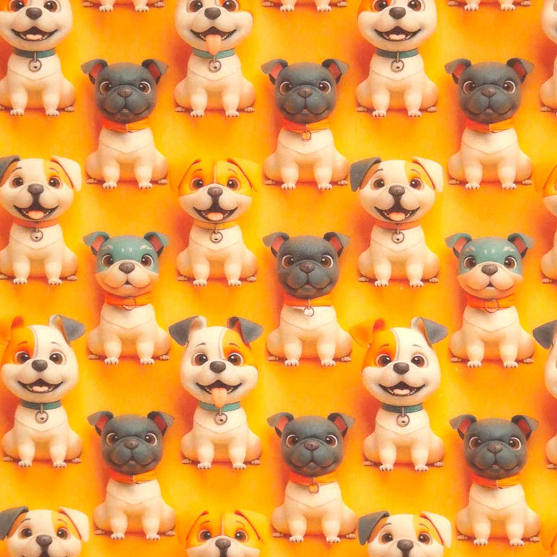 3D dogs are printed on an orange cotton fabric by Little Johnny