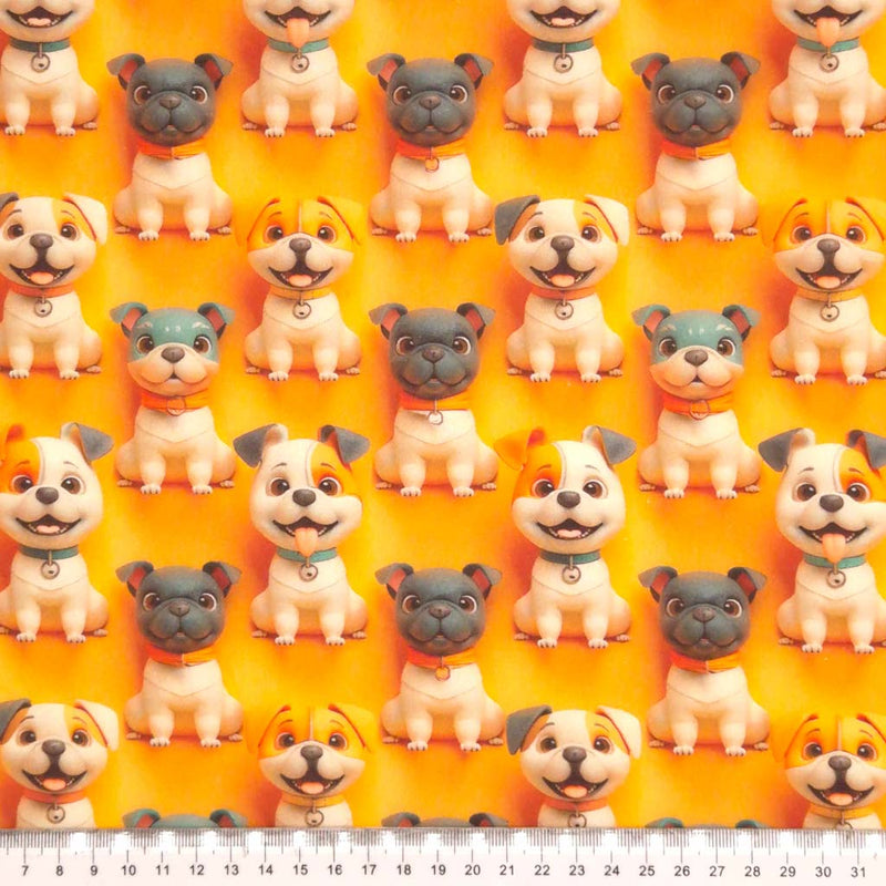 3D dogs are printed on an orange cotton fabric by Little Johnny with a cm ruler