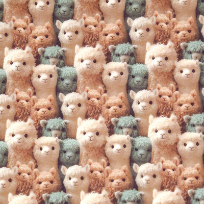 Pattern of plush alpacas in various colours printed on a cotton fabric by Little Johnny