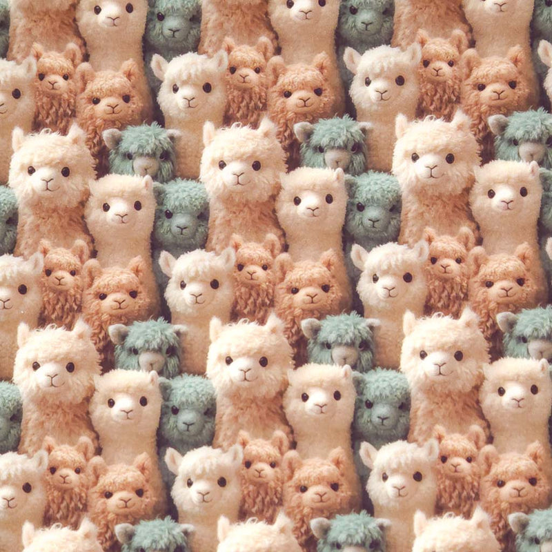 Pattern of plush alpacas in various colours printed on a cotton fabric by Little Johnny