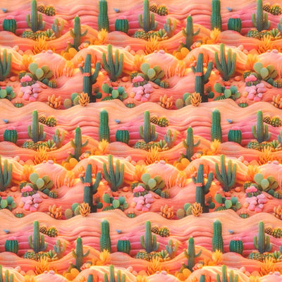 Colorful desert landscape with cacti and flowers on a pink and orange textured background printed on a cotton fabric