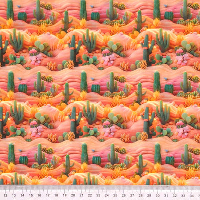 Colorful desert landscape with cacti and flowers on a pink and orange textured background printed on a cotton fabric