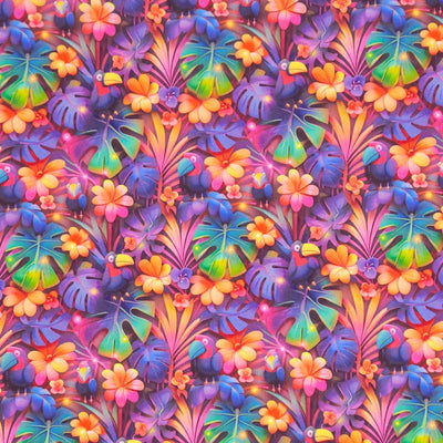 Colorful tropical leaf and flower pattern with purple birds printed on a cotton fabric by Little Johnny
