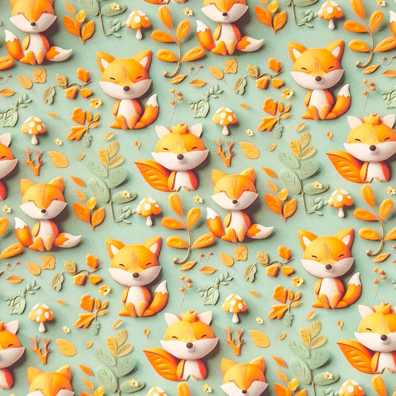 3D fox printed on a woven cotton fabric in duck egg