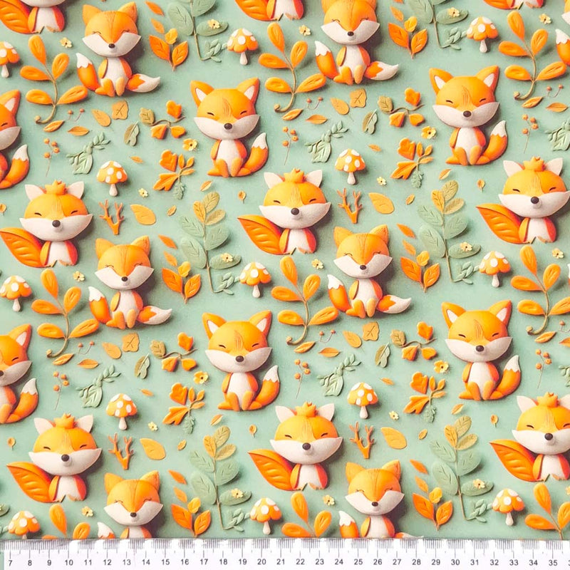 3D fox printed on a woven cotton fabric in duck egg with a cm ruler