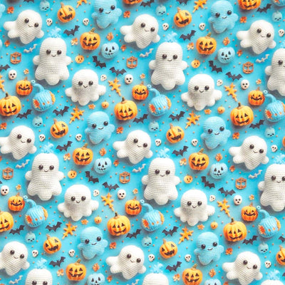 Halloween-themed pattern with ghosts, pumpkins, and bats on a blue cotton fabric