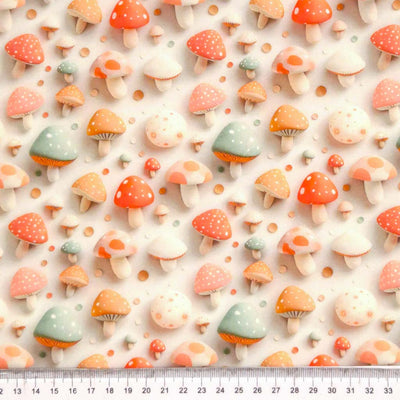 3D mushrooms printed on a cotton fabric by Little Johnny with a cm ruler