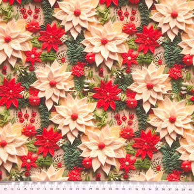 3D Christmas poinsettia printed on a cotton fabric by Little Johnny with a cm ruler