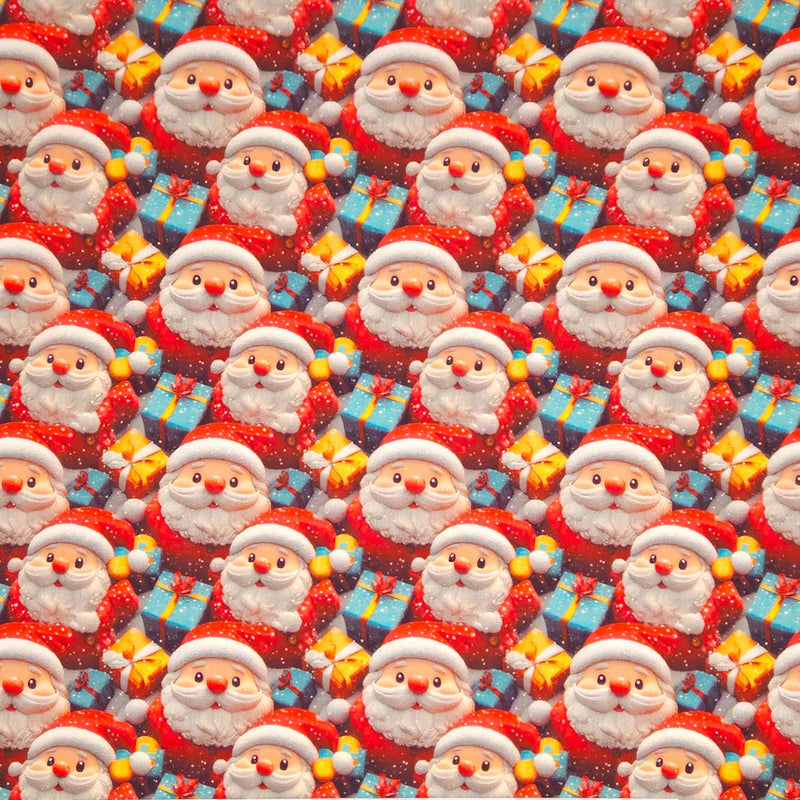 Pattern of Santa Claus faces and gift boxes on a red cotton fabric