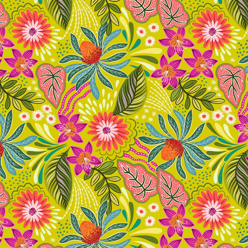 Bright magenta and orange florals printed on a green quilting fabric