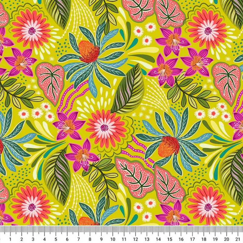 Bright magenta and orange florals printed on a green quilting fabric with a cm ruler