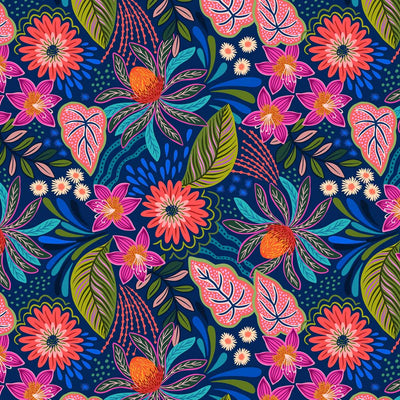 Bright magenta and orange florals printed on a blue quilting fabric