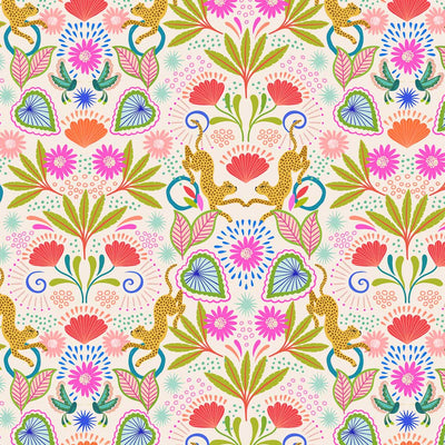 Leopards and beautiful tropical flowers are printed on a cream background