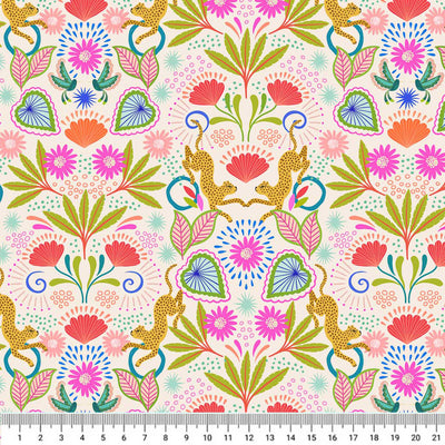 Leopards and beautiful tropical flowers are printed on a cream background with a cm ruler