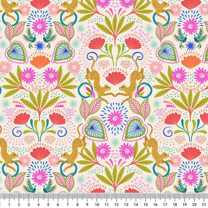 Leopards and beautiful tropical flowers are printed on a cream background with a cm ruler