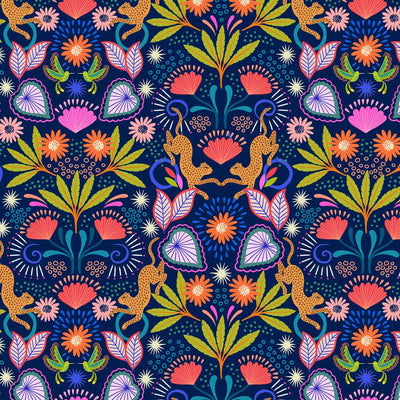 Leopards and beautiful tropical flowers are printed on a blue background