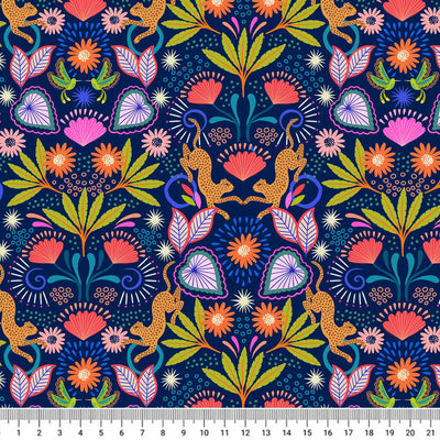 Leopards and beautiful tropical flowers are printed on a blue background with a cm ruler