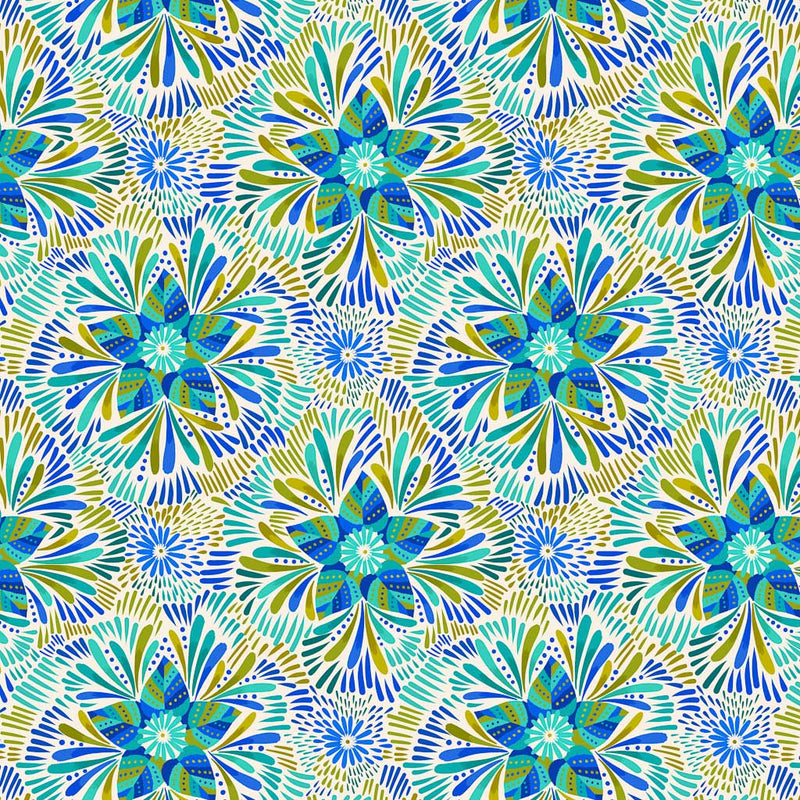 Blue and green star flowers are printed on a cream quilting fabric