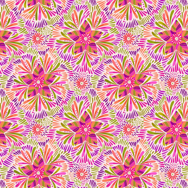 Pink and green star flowers are printed on a cream quilting fabric