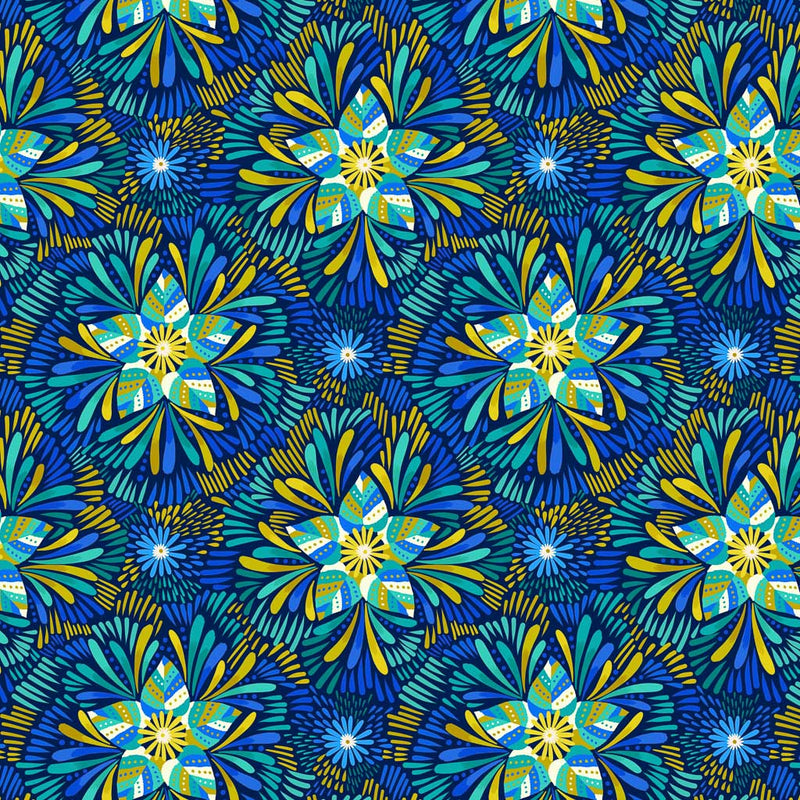 Blue and green star flowers are printed on a dark blue background