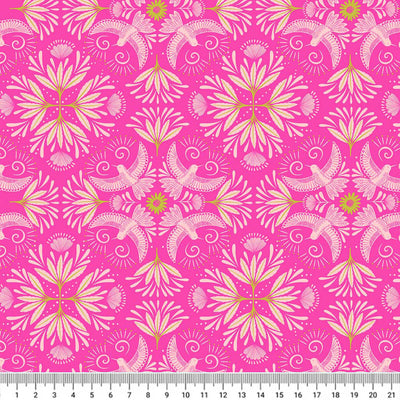 Pink bahian hummingbirds printed on a pink background with a cm ruler