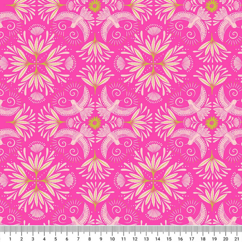 Pink bahian hummingbirds printed on a pink background with a cm ruler