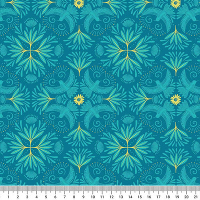 Turquoise bahian hummingbirds printed on a turquoise background with a cm ruler